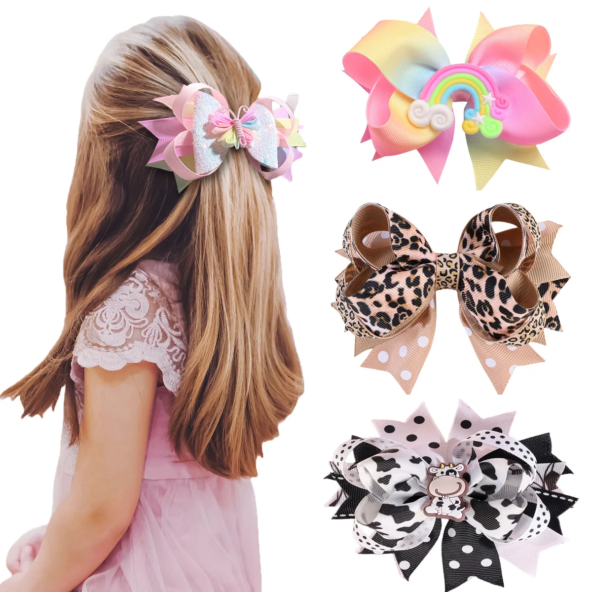 1Pc Exquisite Handmade Creative Ribbon Bow Hair Clips for Girls Cow Pattern, Leopard Print Hair Clips Fine Headwear for Girls