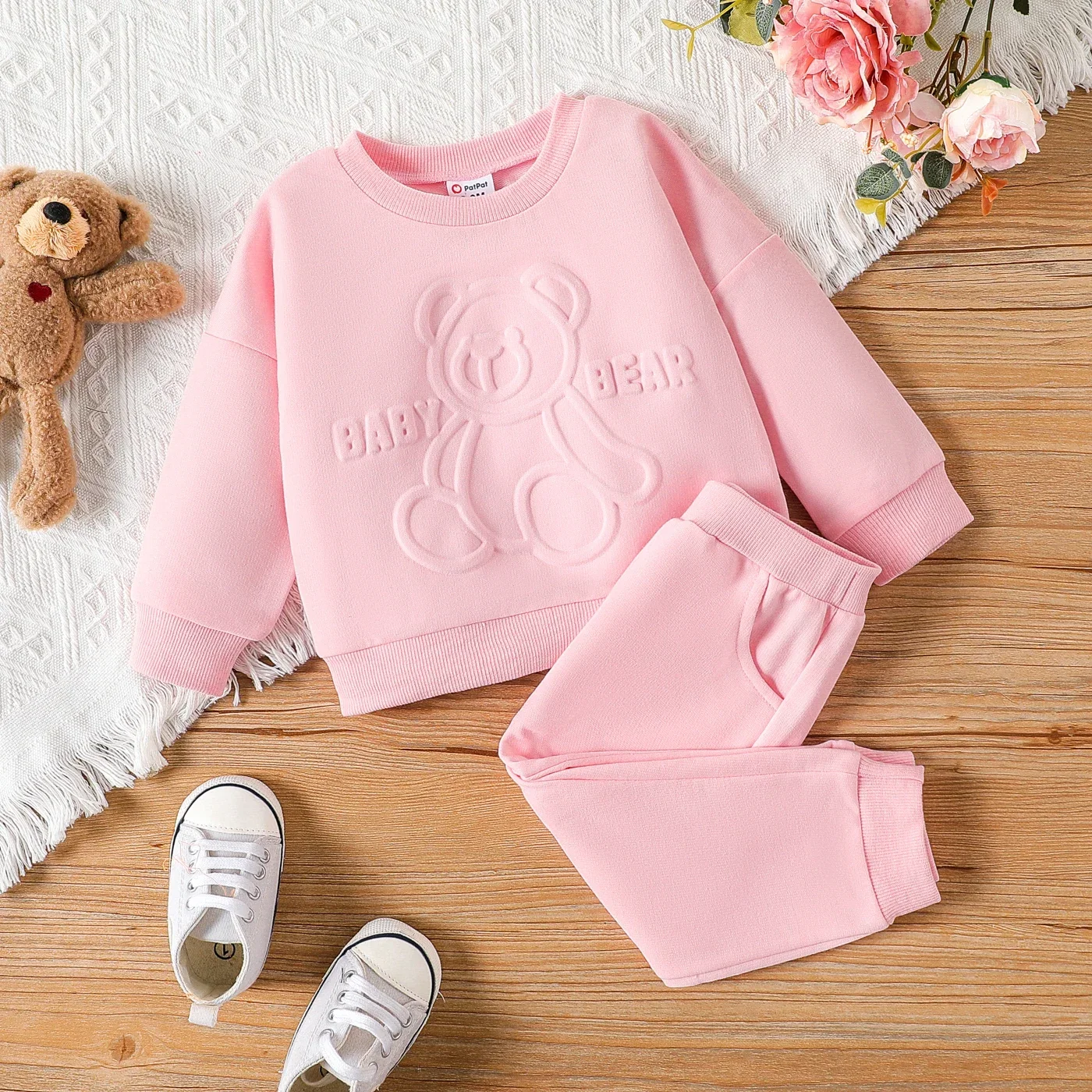 PatPat 2pcs Baby Girl Letters & Bear Graphic Long-sleeve Sweatshirt and Solid Pants Set Comfortable  Perfect for Outings