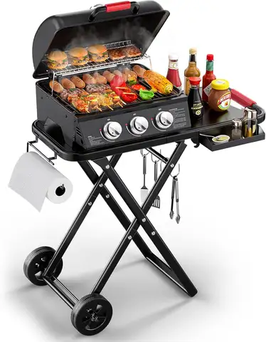 3-Burner Portable Gas Grill with 30,000 BTU, 320 SQ.IN Detachable Propane Grills, Non-Stick Porcelain Grate, Built-in Thermomete