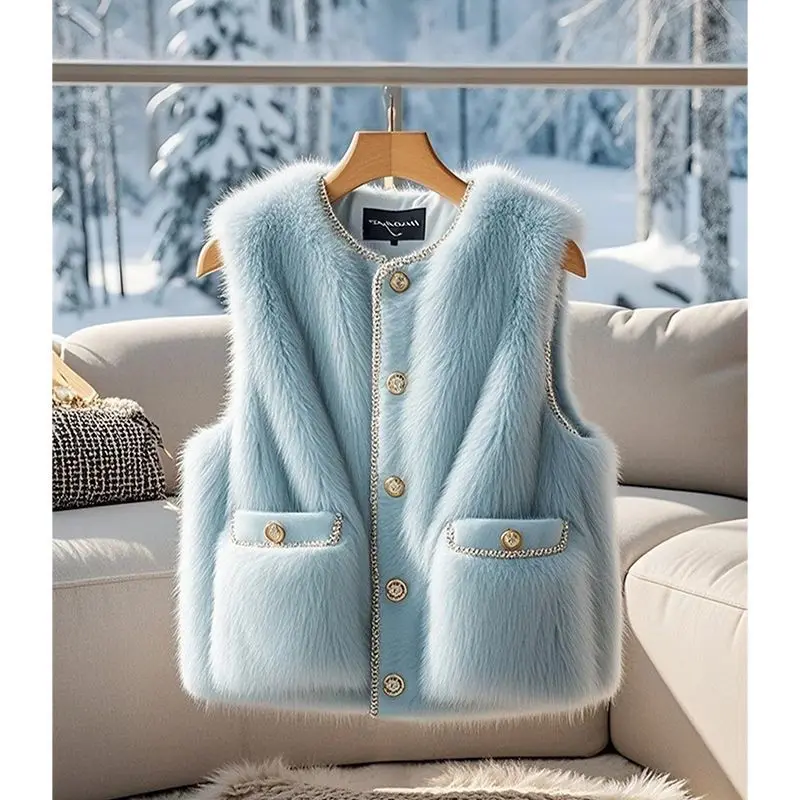 Chic Women Blue Faux Mink Fur Waistcoat Thickened Warm Imitation Fox Fur Vests Double Pockets Furry Tanks Flocking Cardigan Tops