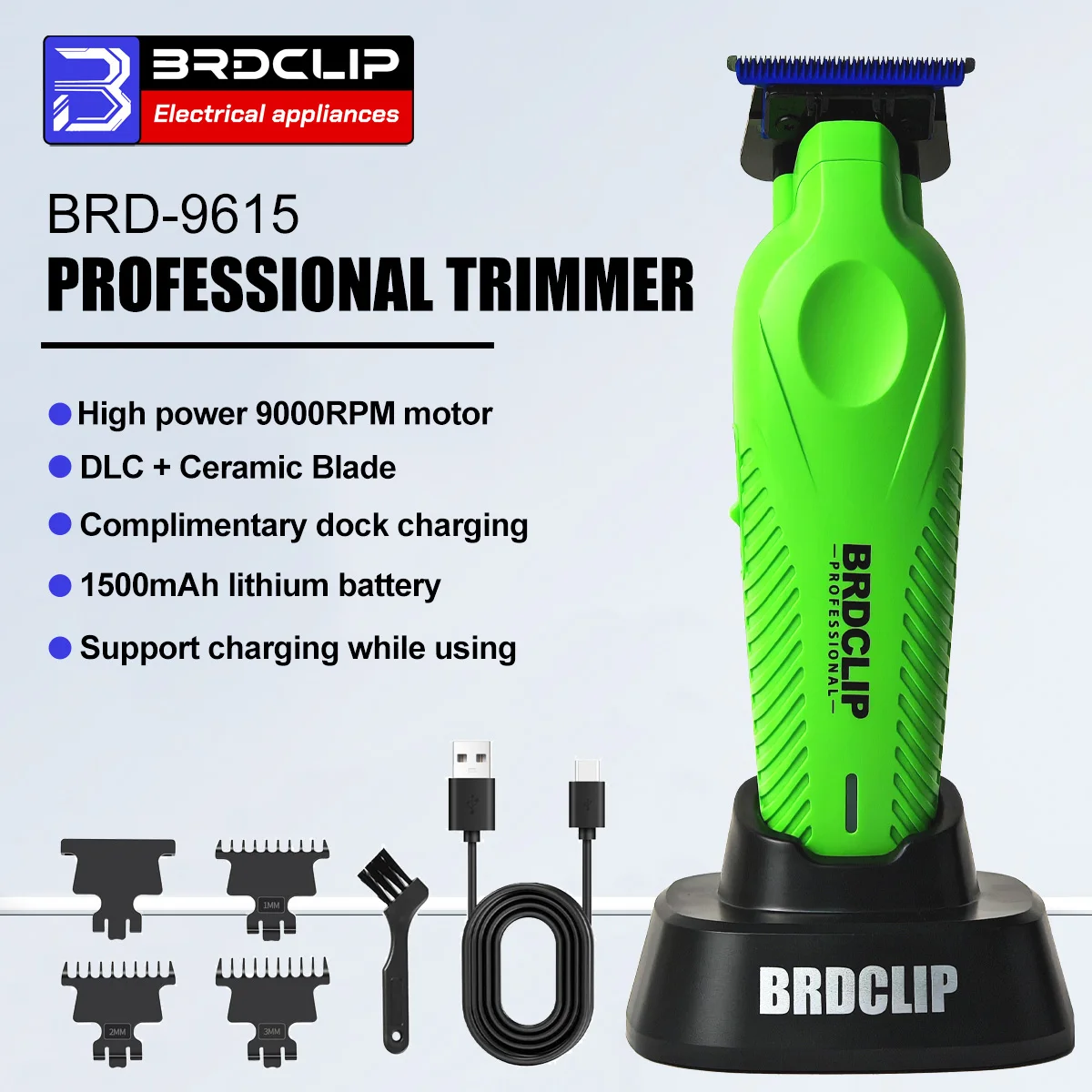 جديد المهنية BRDCLIP BRD-9615 عالية موتور 9000 دورة في الدقيقة الشعر المتقلب شفرة السيراميك الأزرق مع قاعدة شحن مشابك شعر للحلاق