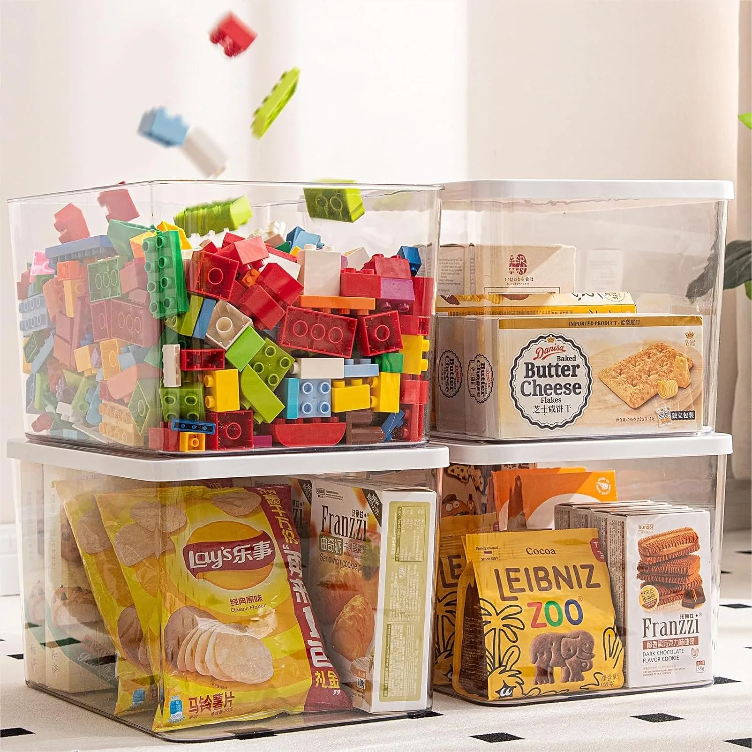 

Clear Plastic Storage Bins with Lids, 4XL Stackable Organizer for Snacks, Cosmetics, Books, Dog Food - Nursery, Kitchen, Living