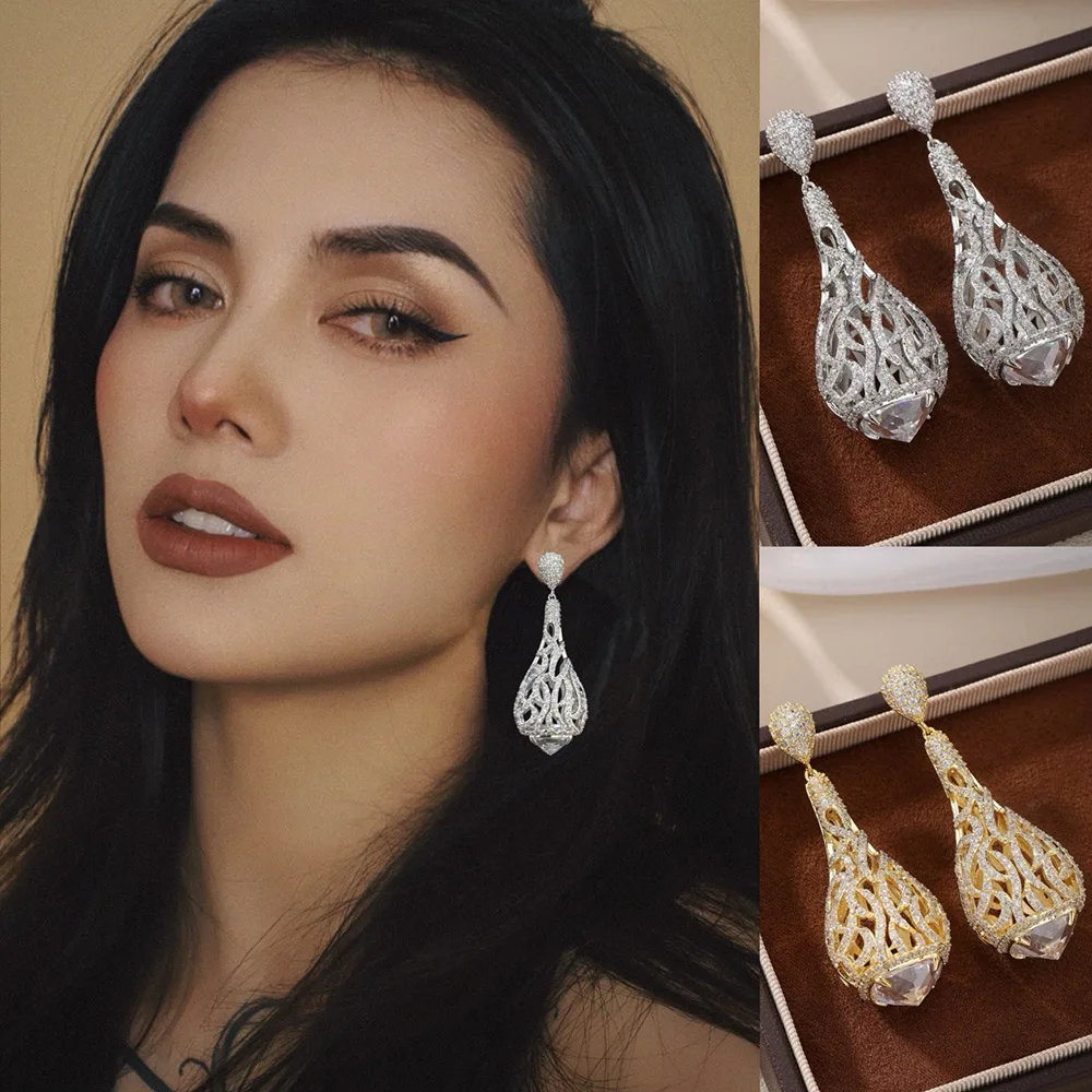 

Missvikki Luxury Romantic Hollow Pendant Earrings Big Zircon Crystal Fashion Earrings For Women Bridal Wedding Party Accessories