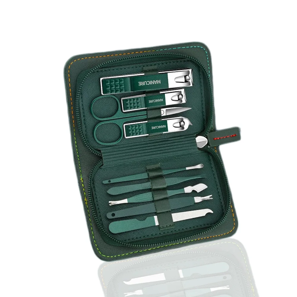 Green 9 Pcs Manicure Set With Leather Case Professional Foot And Face Care Tool Kits Stainless Steel Nail Clipper Sets Gift