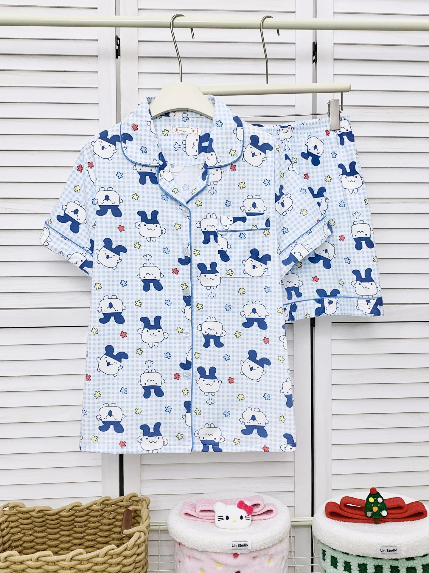 

Blue Plaid ort Sve Cotton Pajamas Women's Summer Home Clothes Adorable Cartoon Print Spwear Youth Size Elastic Waist