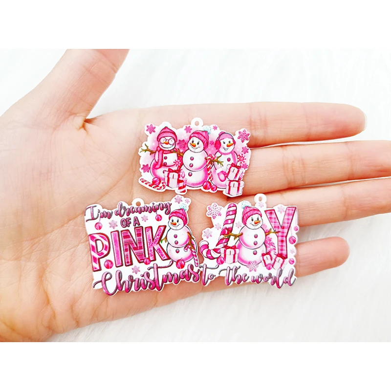 Mixed 20/50PCS Acrylic Pink Christmas Snowman Gifts Charms Flat Back Planar Pendants for DIY Earrings Hairpin Jewelry Making