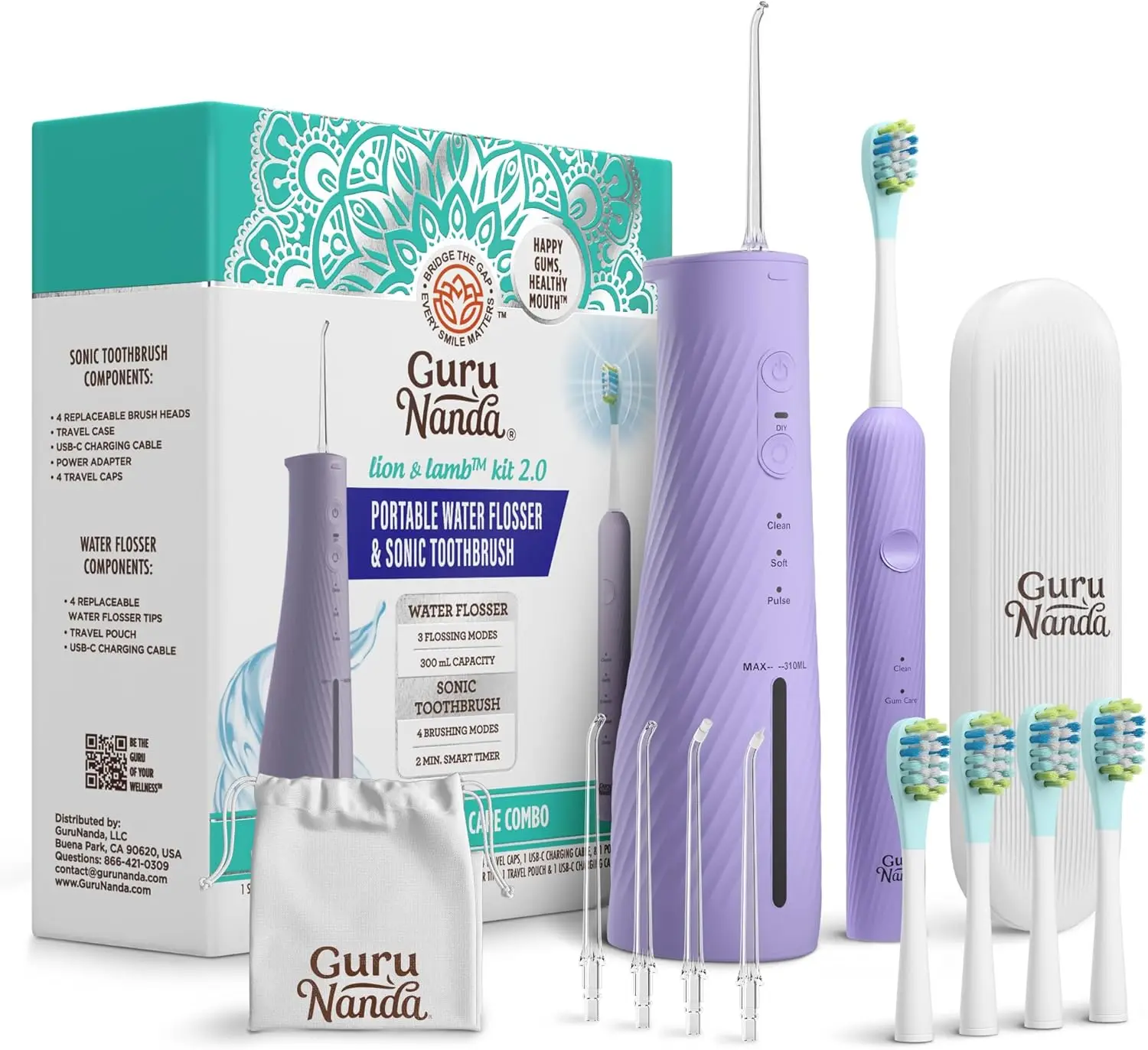 

Electric Toothbrush & Water Flosser Combo with 4 Jet Tips, 4 Brush Heads, IPX7 Waterproof for Complete Oral Care in Lavender