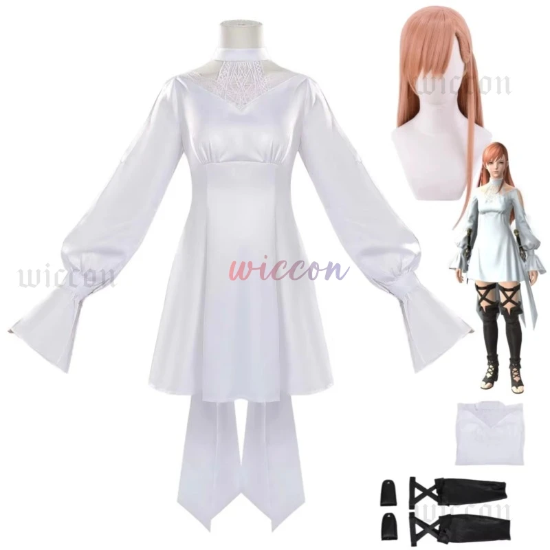 Game Final XIV:A Realm Reborn FF14 FFXIV Ryne Minfilia Cosplay Costume White Lace Dress Wig Anime Party Sexy Woman Suit