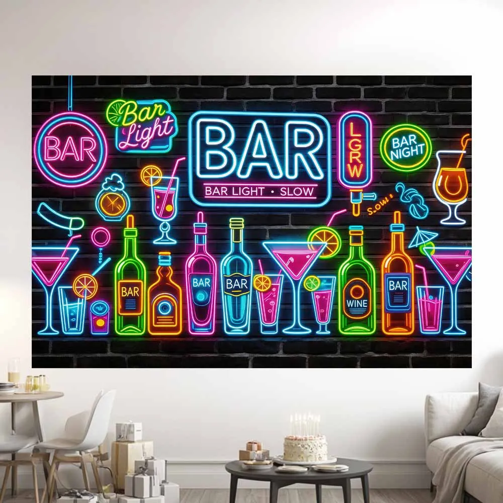 Neon Bar Brick Wall Photography Backdrop Wine Cocktail Night Club Birthday Wedding Retirement Anniversary Party Photo Background