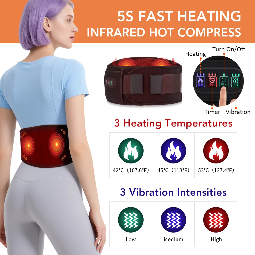 5V Plug-in Vibration Lower Back Massager Red Light Hot Compress Waist Massager Belt Portable Spine Plates Lumbar Support Brace