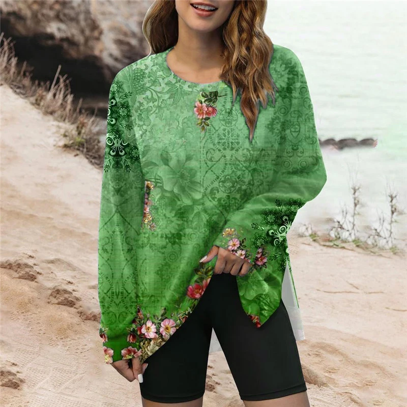 Floral Pattern Women Retro T-Shirts Spring Autumn Long Sleeve 3d Flower Printing Vintage Style Tee 3XL Plus Size Casual Tops