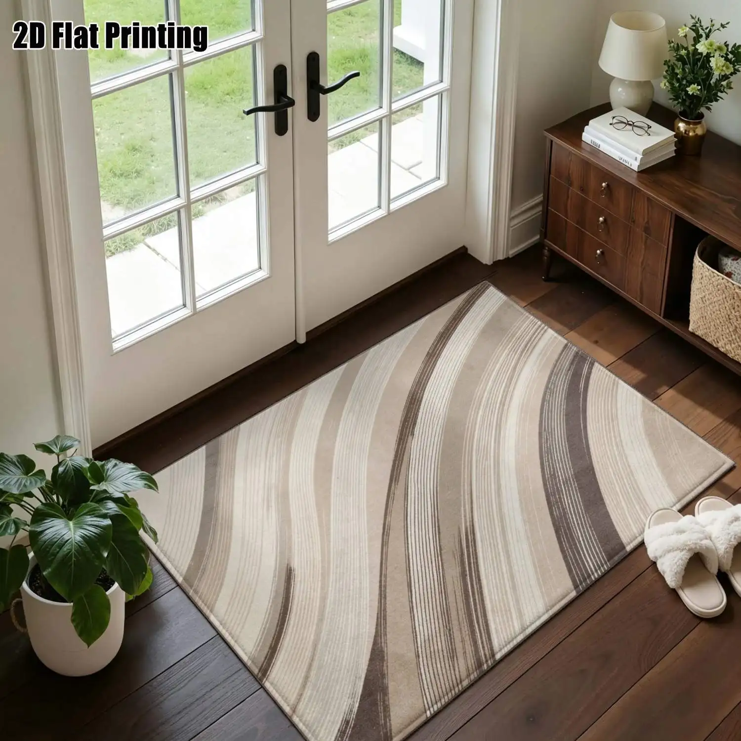 1Pc 2D Printed Gradient Coffee-Brown Streamline Carpet, Modern Simple Style, Instagram-Worthy Decor, Multi-Size, Machine Washable, Ideal for Entryway, Dining Room, Foyer, Study, Living Room, Bedroom