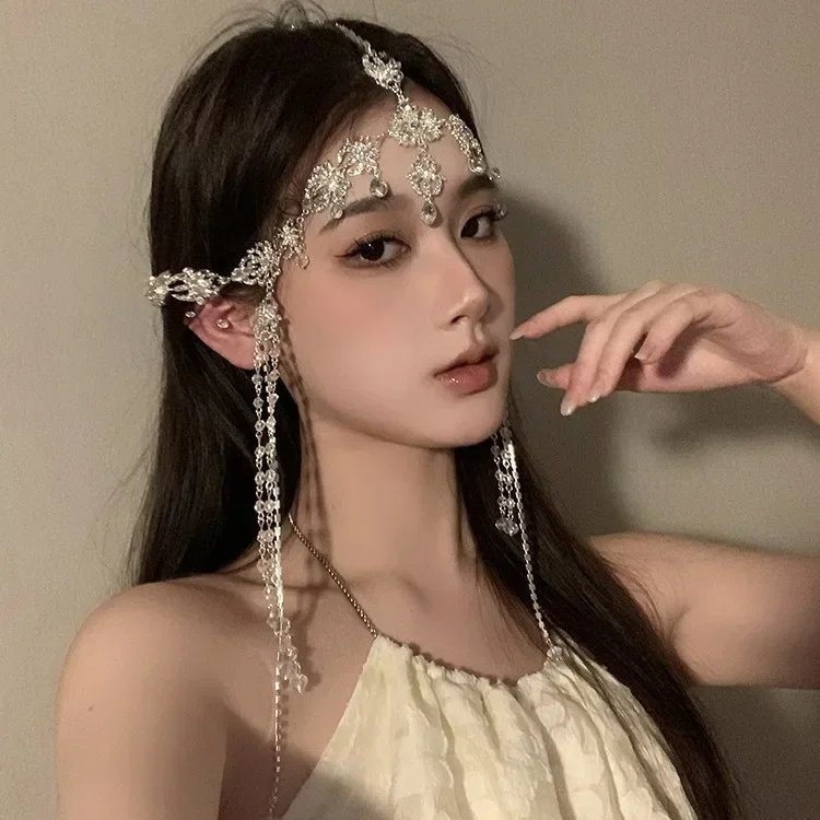 Bohemia Fairy Long Tassel Veil Hair Ornaments Forehead Chain Face Curtain Luxury Crystal Chrismas Headdress Hair Accessories