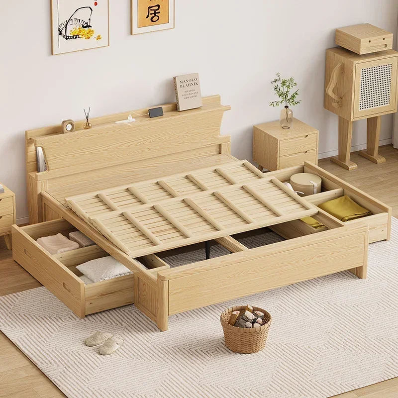 White wax wood full solid wood bed, simple and modern Nordic double master bed, large bed storage, Japanese style,