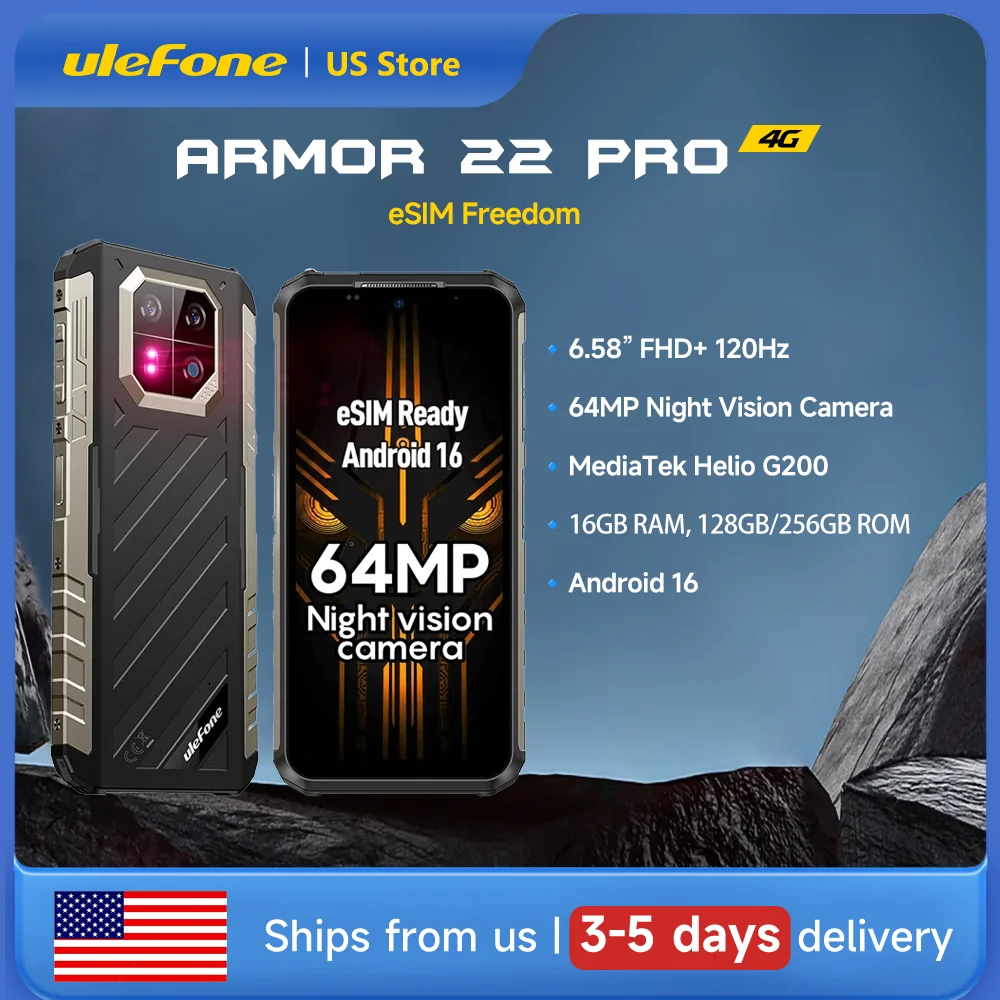 Ulefone Armor 22 Pro 4G Rugged Smartphone, eSIM Ready, Android 16, MediaTek Helio G200, 6.58