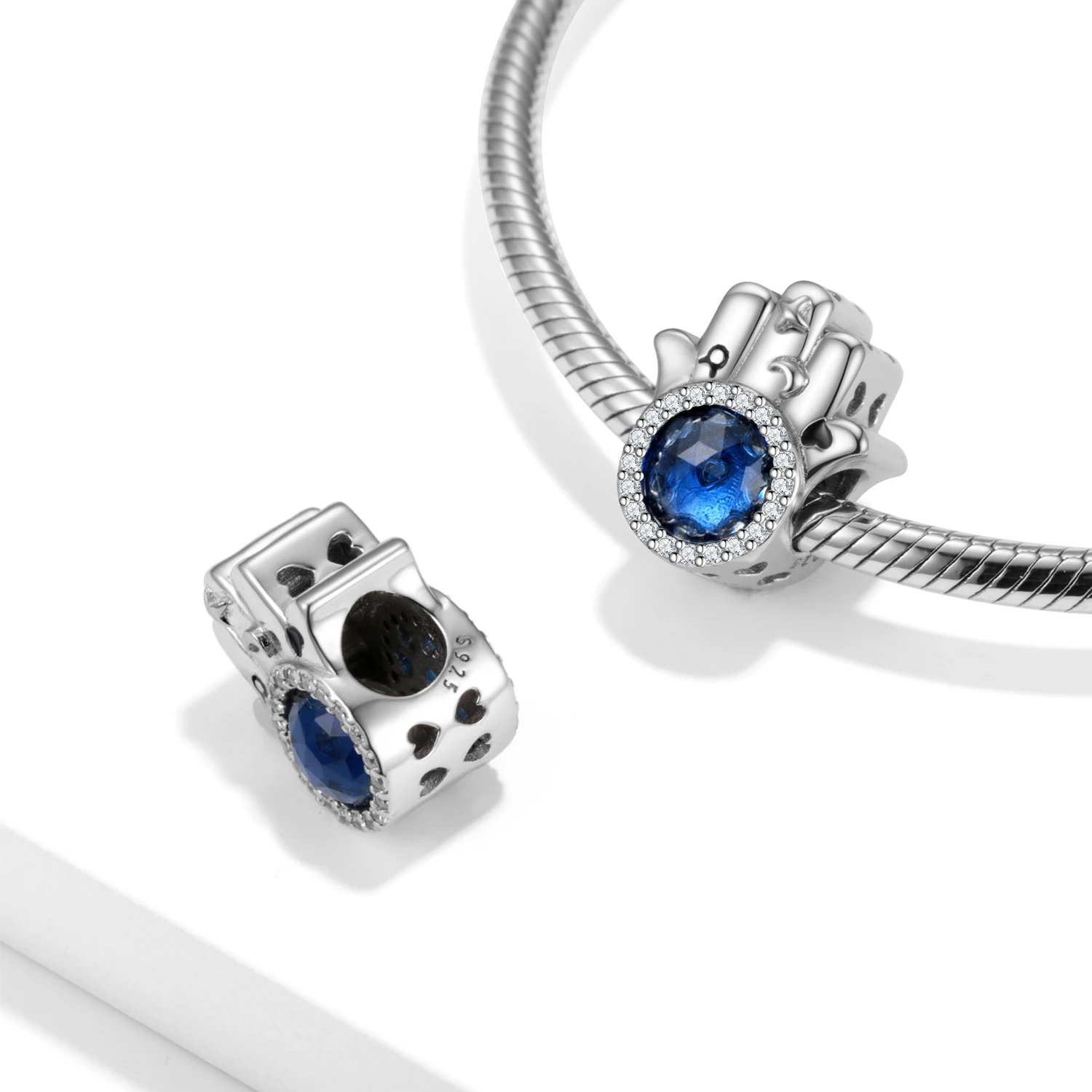 kataoka 925 Sterling Silver Fatima Palmo Blu Zircone Colorato Perline Fortunate Fascino per Braccialetti con Ciondoli Bracciale Fai da Te