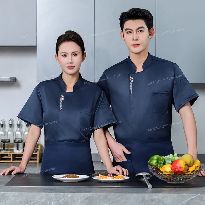 Schwarze Kochjacke Restaurant Kurzarm Kochuniform Kochmantel Koch T-Shirt Bäcker Arbeitsuniform Kellner Hotelkleidung Damen Logo