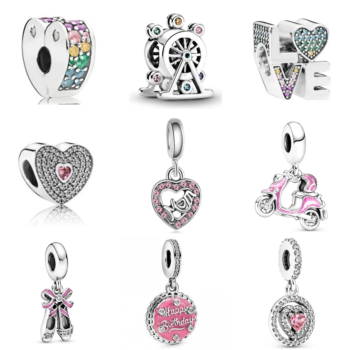 Silver Plated Color Pendants Heart Alloy Diamond Charm Beads For Women DIY Bracelet Necklace Jewelry Accessories Festival Gifts