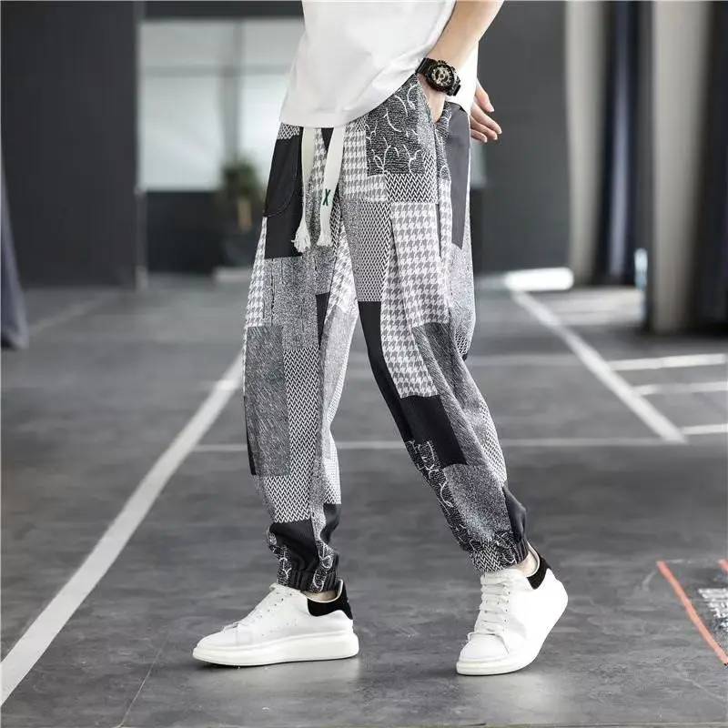 

Fashion Elastic Lace Up Spliced Printed Houndstooth Pants Men's Clothing 2024 Autumn New Loose High Waist Casual Cropped Pants