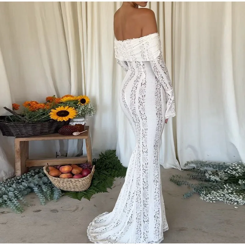 فستان بأكمام واسعة من الدانتيل مع كتف واحد لطيف ومزاج فرنسي، بدون حمالات وحزام الخصر، تنورة طويلة زائدة