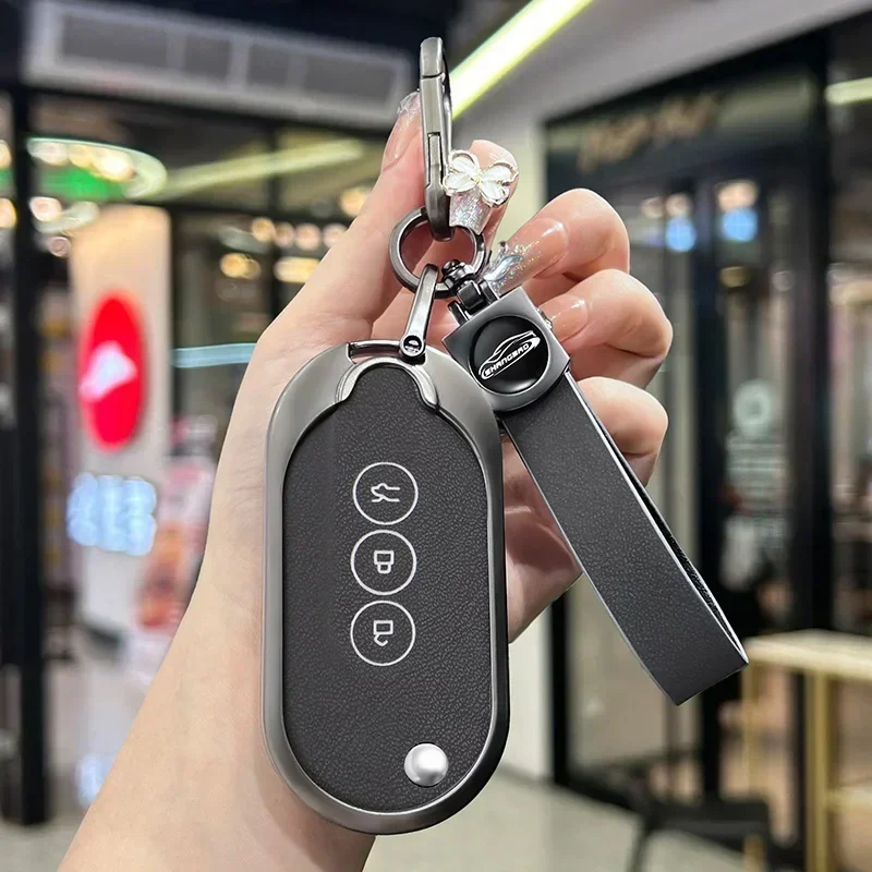 

Zinc Alloy+Leather Car Remote Key Case Cover Protect Shell Bag For SGM Wuling Hongguang MINIEV Air EV2023 2022 Flip Keychain Fob