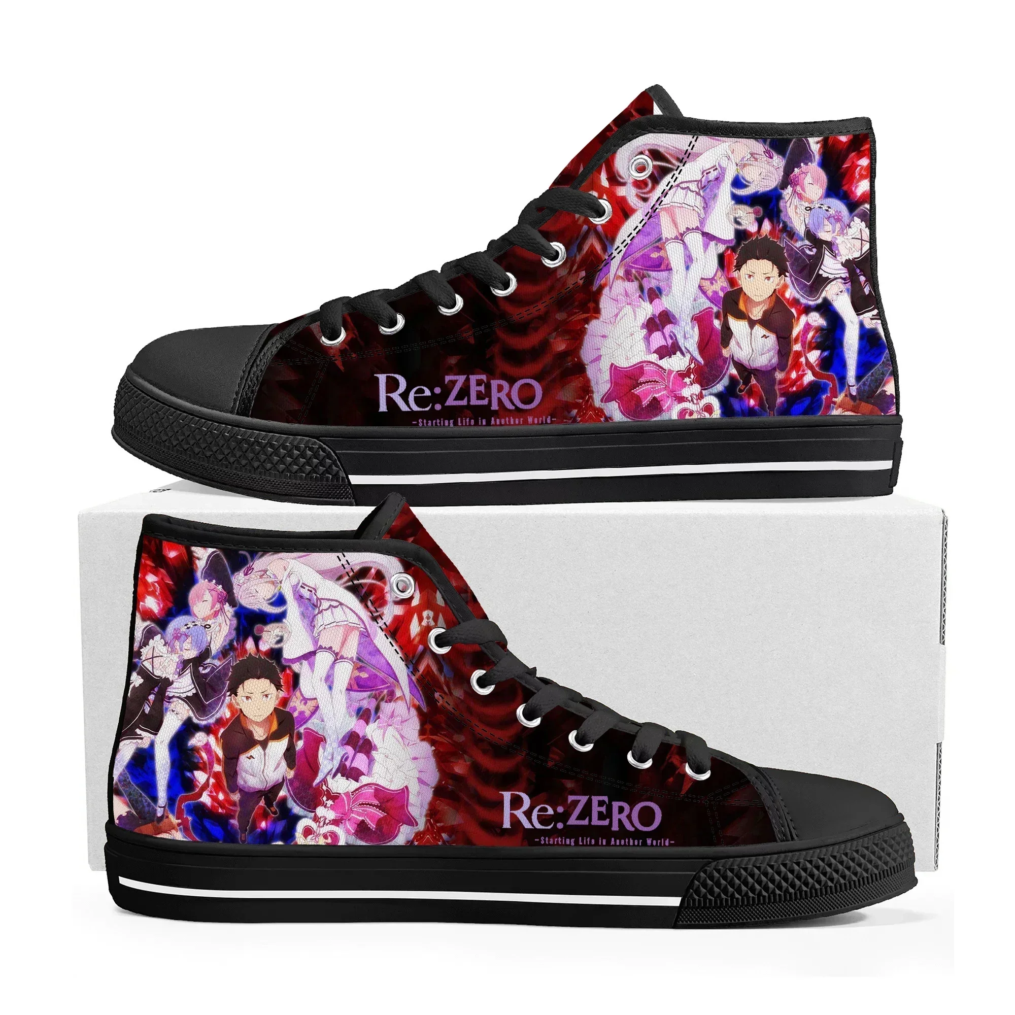 

Кроссовки Re:Zero High Top для мужчин, женщин и подростков, высококачественные парусиновые кроссовки с изображением Эмилии, аниме, манга, мультфильм, повседневная обувь на заказ