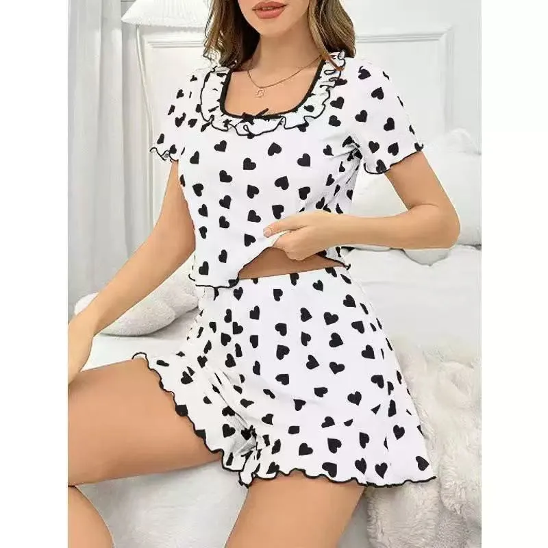 European American Style Women Square Neck Loungewear Set, Summer Short Sleeve Top & Shorts With Heart Print and Ruffle Trim, Sweet Home Pajamas