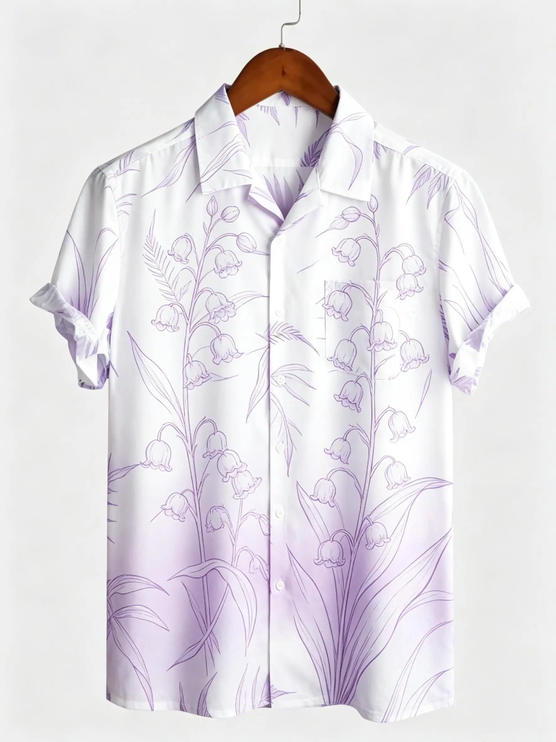 

Men's Spring Summer Lapel Shirt, Purple Lily Of The Valley Sketch Print Casual Tops For Daily Outfit