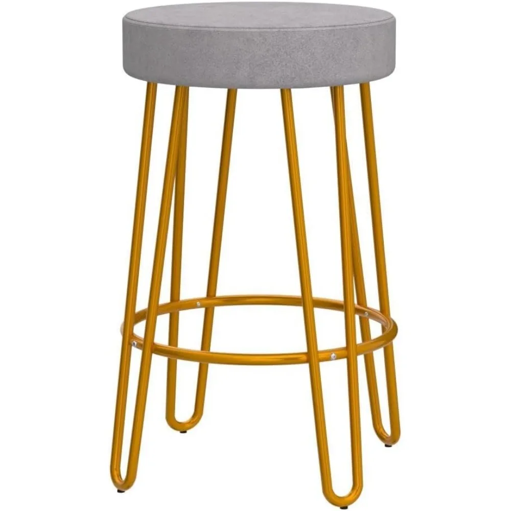 Bar Stools Set of 2, Velvet Round Counter Stools, Backless Counter Height Bar Chairs with Golden Legs for Kitchen Dining Room P