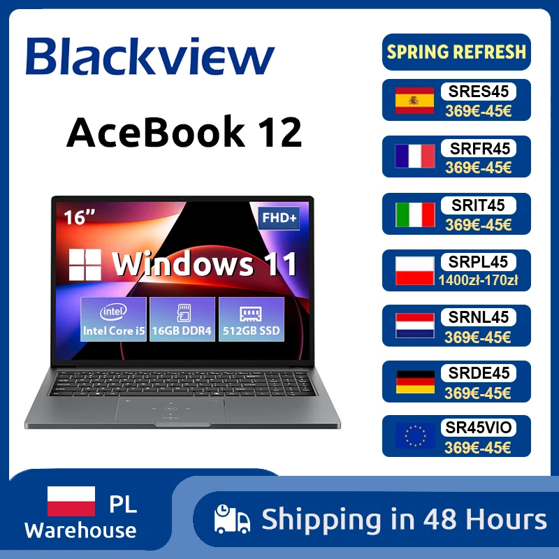 Blackview AceBook 12 Win 11 laptop 16 ''FHD IPS, Intel I5-1030NG7 notebook, 16 GB RAM 512 GB SSD, 2-in-1 vingerafdruk-aan/uit-knop