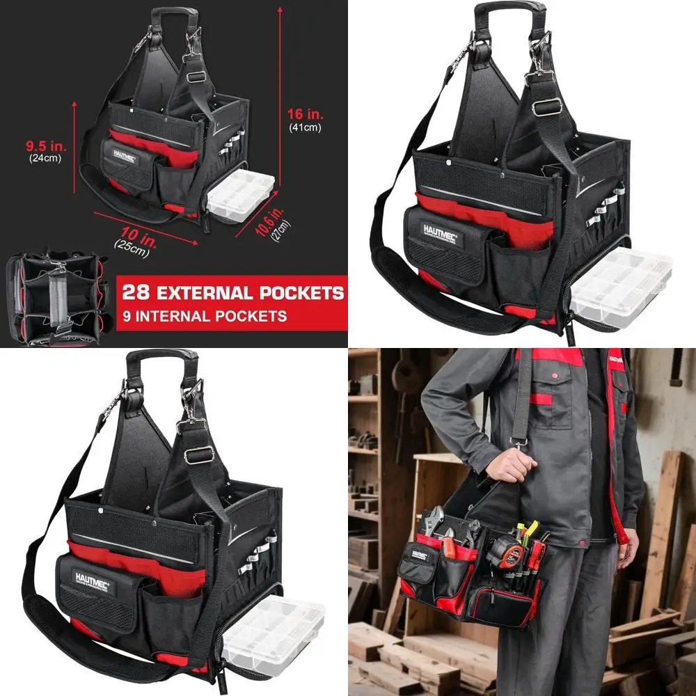

Durable 37-Pocket Electrician's Tool Bag with Parts Tray and Water-Resistant Base, Adjustable Strap - HT0174