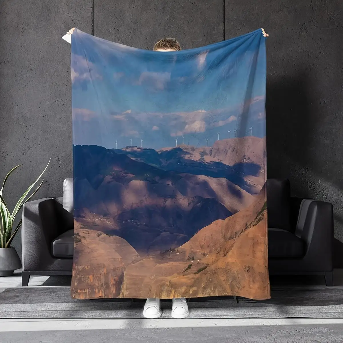 Serene Vista Mountain Windmill Print Plush Blanket - Soft Polyester Flannel, All-Season Cozy Throw for Bed, Sofa, Travel