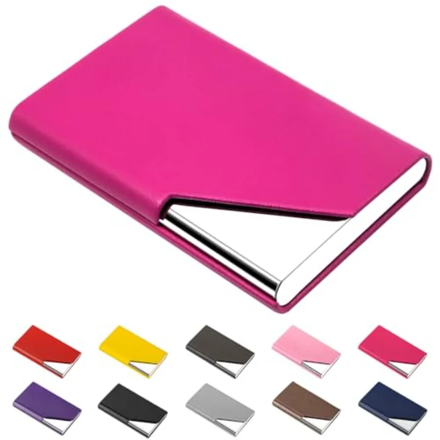 Business Card Holder, Upgraded Leather Business Card Case Pocket Card Holders for Men or Women, Metal Slim Name Card Holder RFI