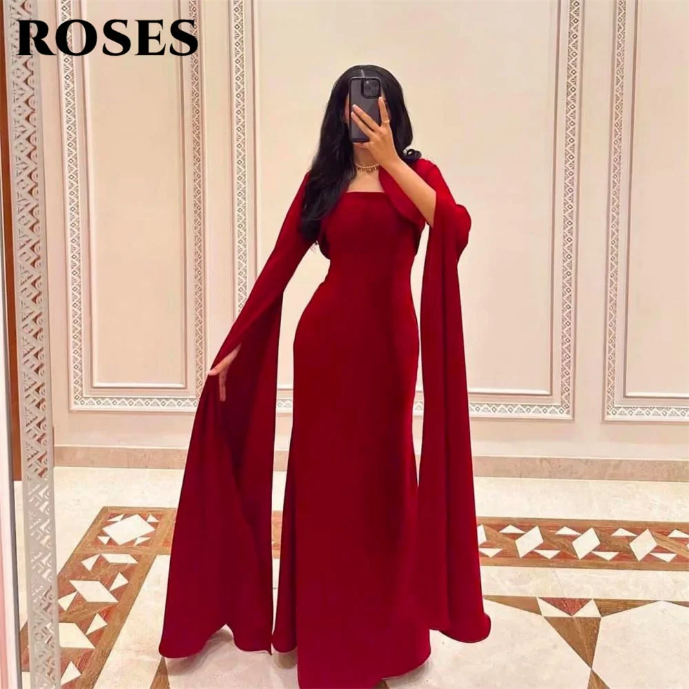 Rosas vermelho vestidos de baile pescoço quadrado sereia vestido de celebridade vestidos de noite femininos com mangas compridas capa para gala personalizado