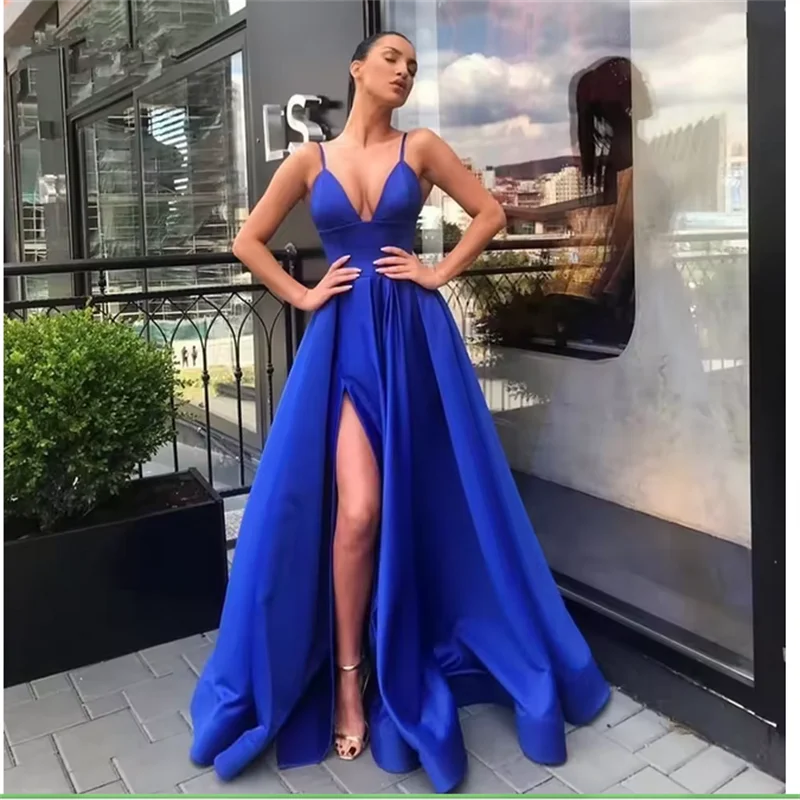 

Королевское синее атласное вечернее платье, женское платье длиной до пола, подтяжки с высоким разрезом, свадебные вечерние длинные бальные платья, трендовое пышное платье