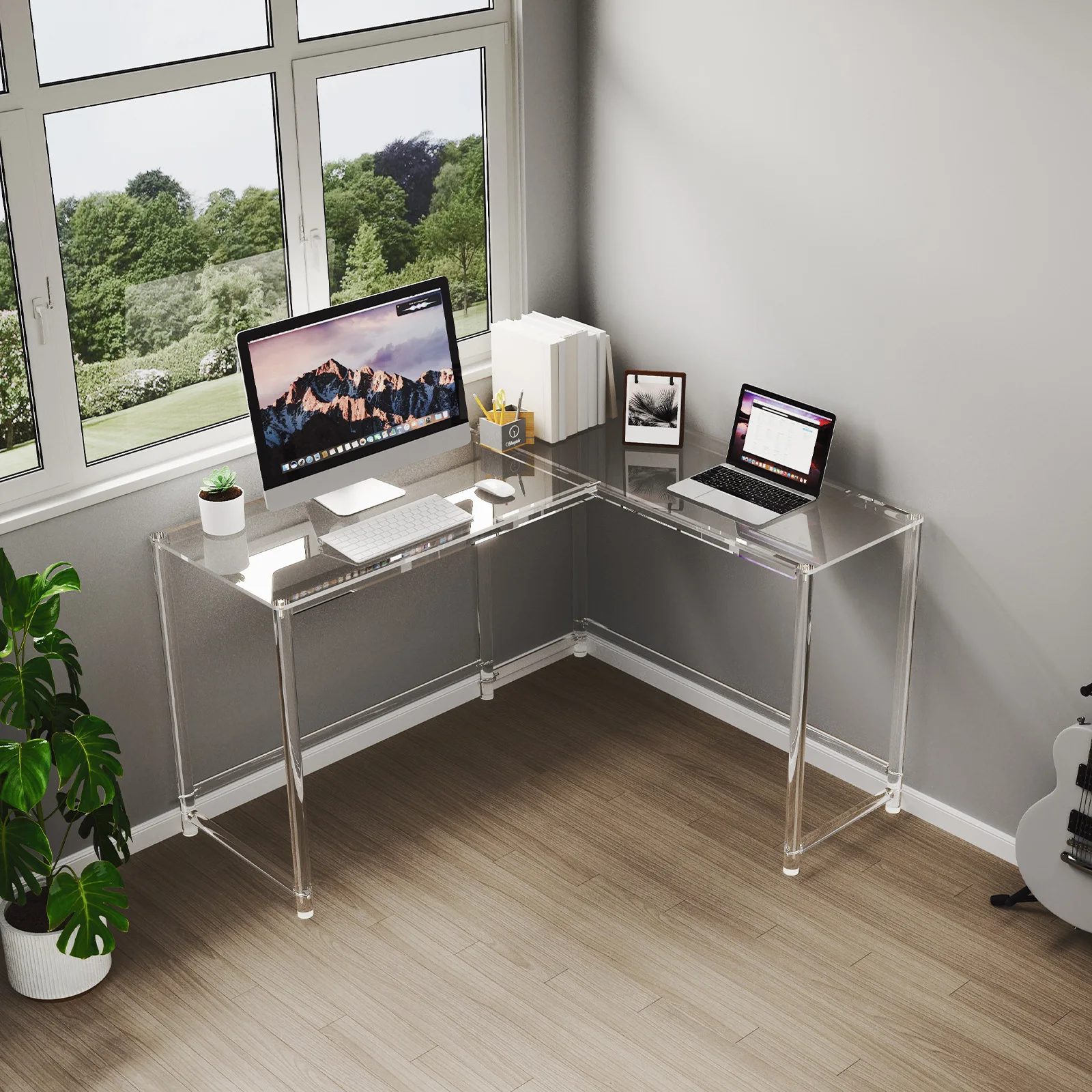 ins wind acrylic table L-shaped long table computer workbench transparent desk living room bedroom floating desk