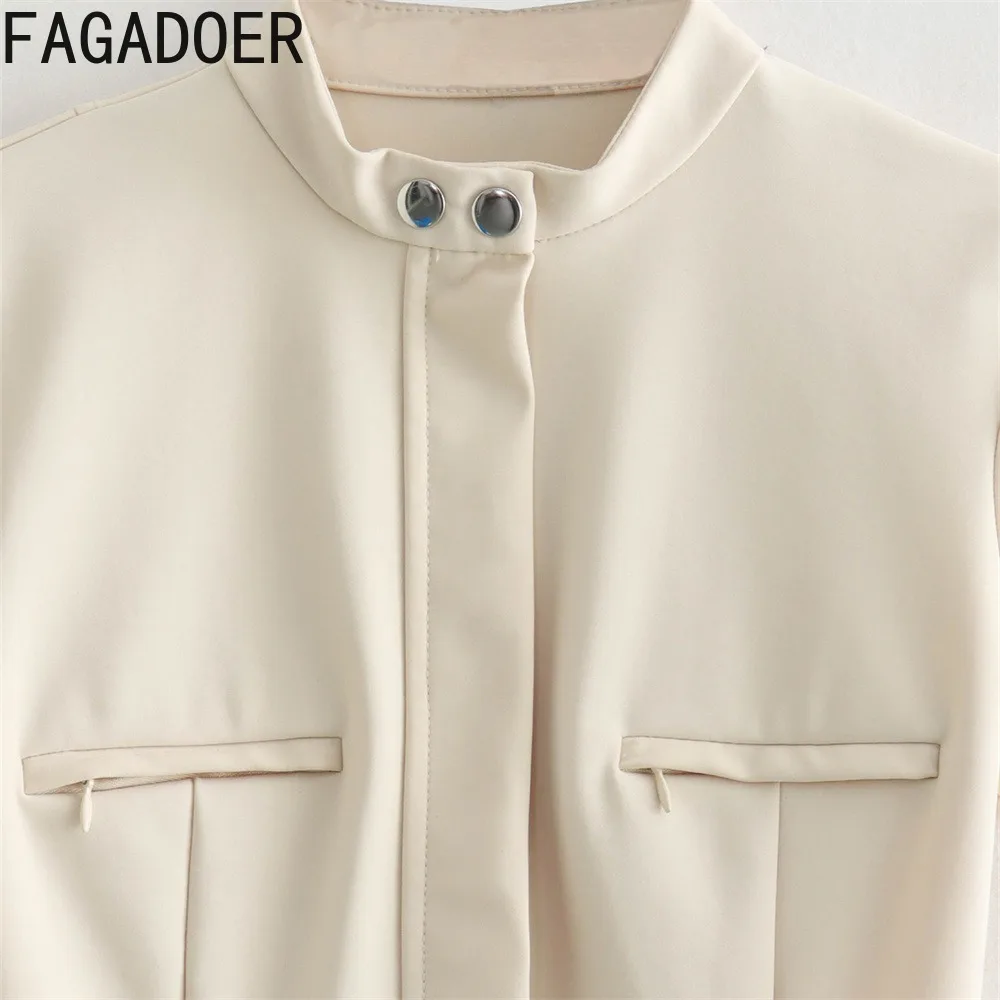 FAGADOER Elegant Stand Collar Mini Dress Women Pockets Patchwork Bodycon Dress Ladies Office Street Basic Vestidos Clothing