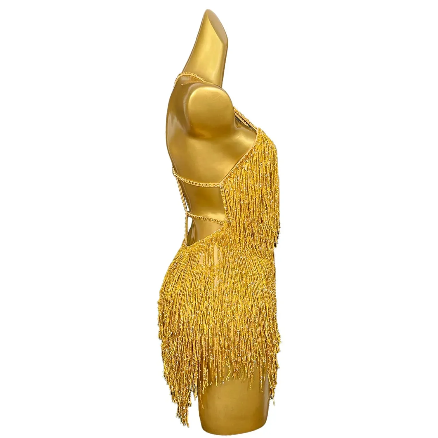 เซ็กซี่ STAGE GOLD Fringes เครื่องแต่งกายเต้นรํา Sparkly เพชรพู่ชุดราตรีวันเกิดพรหมสวมใส่ Club Performance Gown