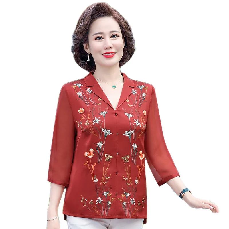 Middle-Aged Elderly Mother Suits Summer 3/4 Sleeve Lapel Shirt Pant Sets Printed Women 2 Piece Outfits Fashion Ensemble Femme