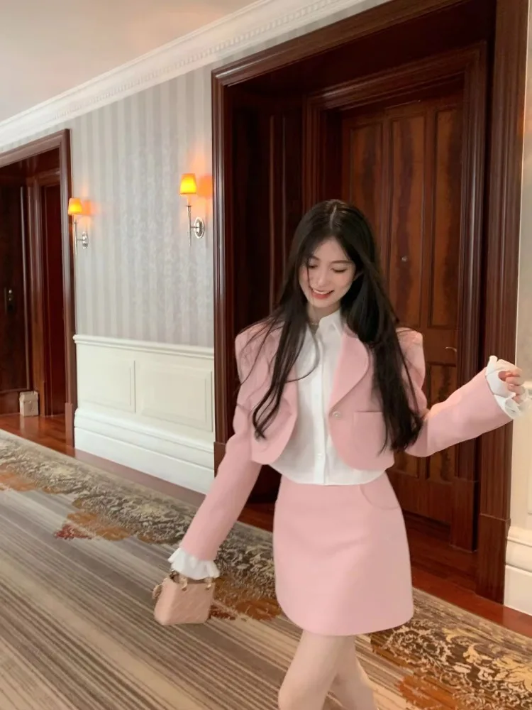 Insozkdg Pink Women Suit Jacket Skirt 2024 New Spring and Autumn Sweet Girl Short Suit Top A-line Skirt Office Lady 2-piece Sets