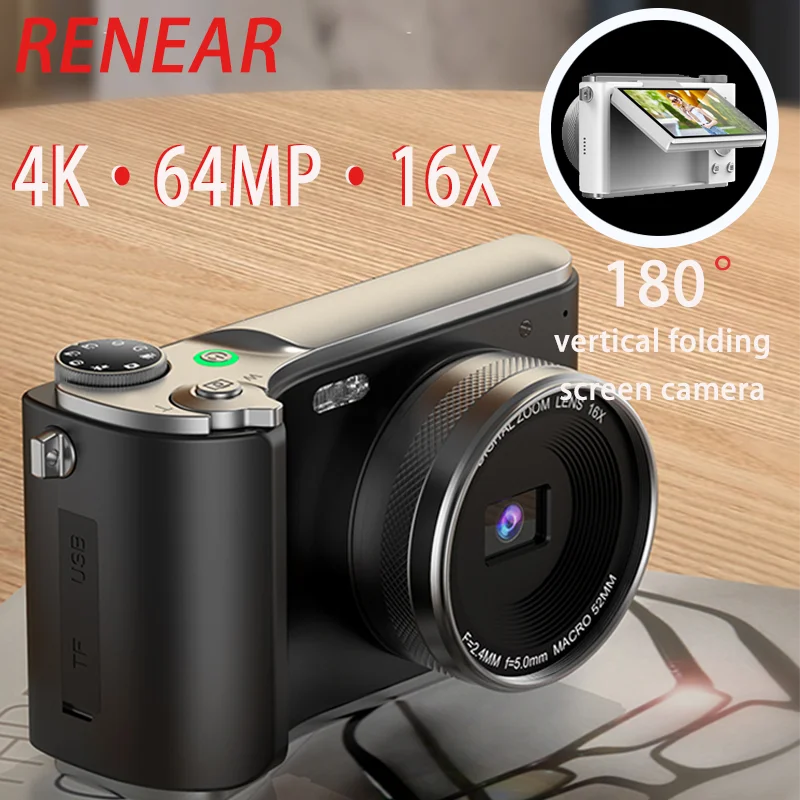 

4K Digital Camera 64MP 16X Digital Zoom Vintage Vlog Photography Video Recorder 180° Flip Screen For Ins YouTube Selfile Web Cam