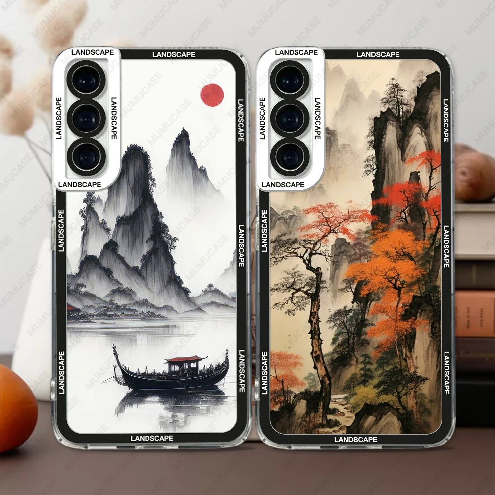 Case For Samsung Galaxy S20 S21 FE S22 Plus S23 Ultra A22 A54 5G Soft Cover Ink and wash landscape painting