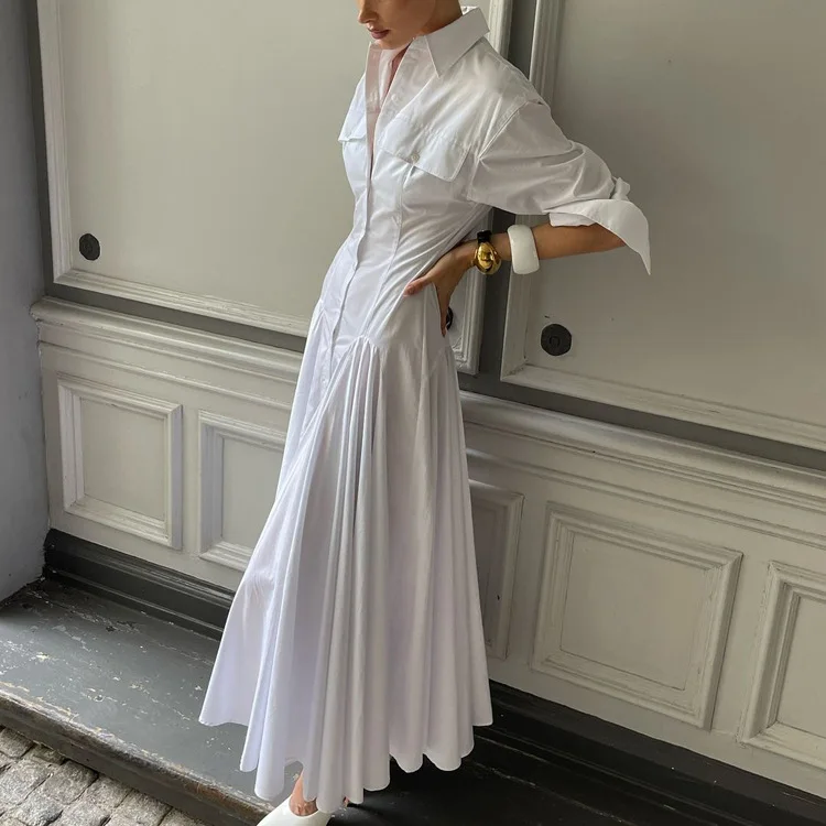 Elegant White Lapel Women's Dress Fashion Three Quarter Sleeve Pockets Dresses Casual Button Pleated Ankle-Length Dresses