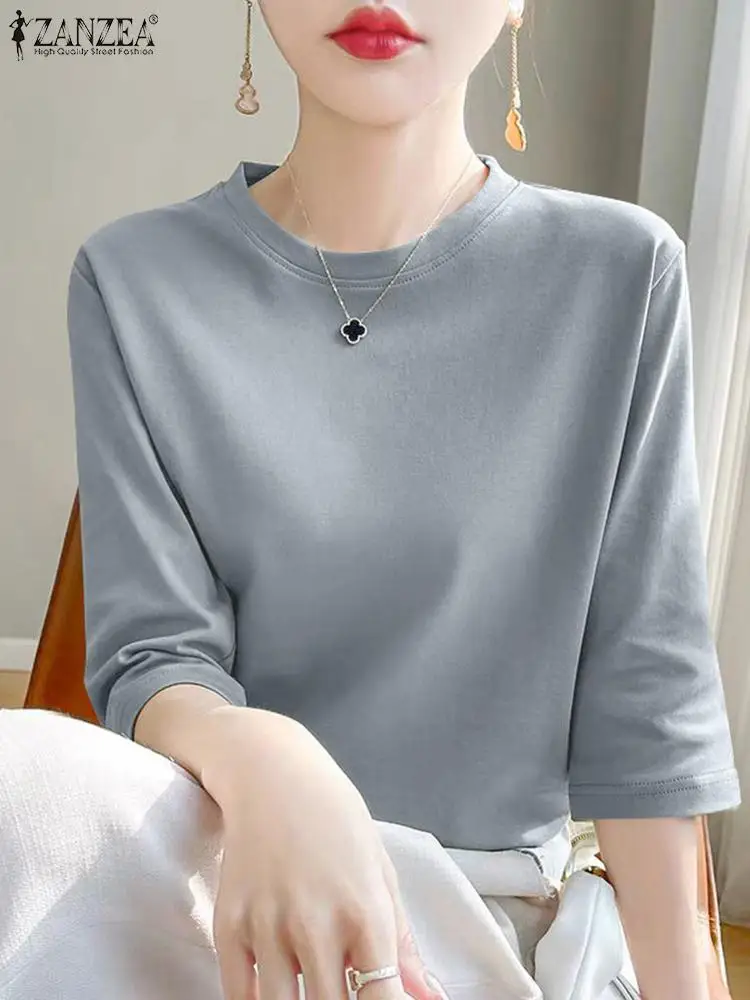 ZANZEA Women Solid Basic T-Shirt Elegant Half Sleeve Office Tops 2024 Summer Round Neck Tunic Korean Simple Casual Loose Blusas