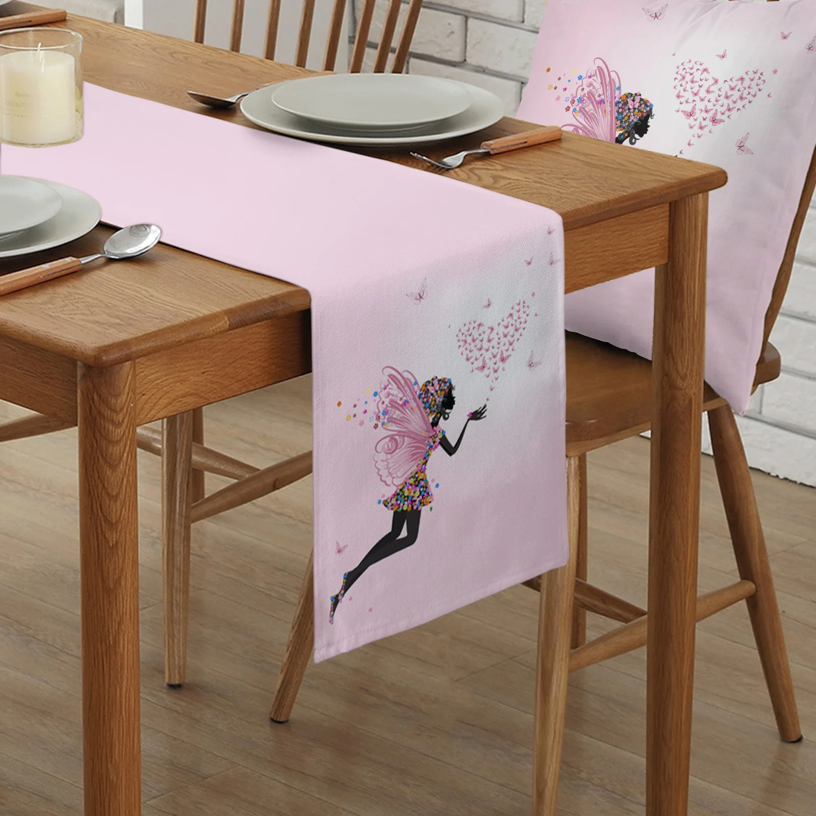 Pink Woman Flower Dress Butterfly Wings Love Table Runner Wedding Party Decor Kitchen Tablecloth Placemats Christmas Centerpiece