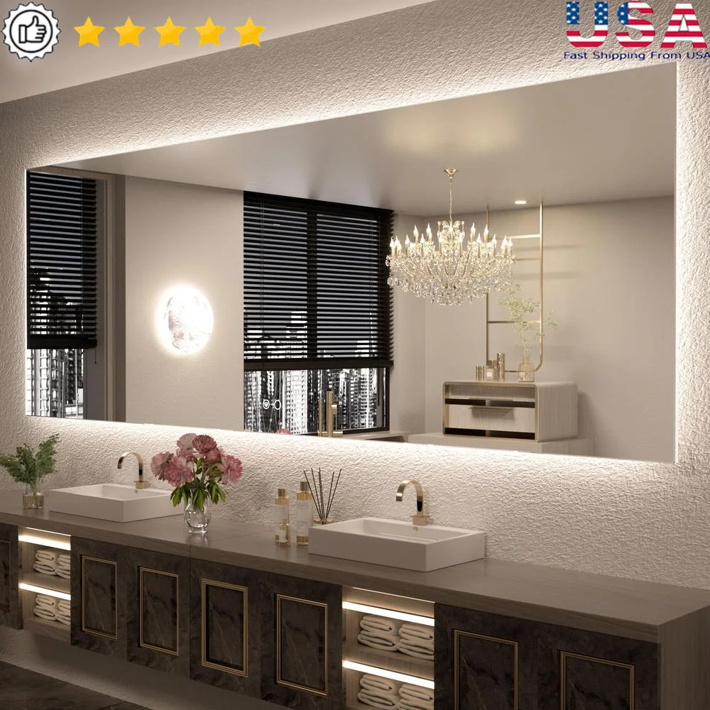 Large Backlit LED Bathroom Mirror Stepless Dimmable Wall Light 84x32 Inch IP54 Waterproof UL Listed High Lumens Adjustable 3