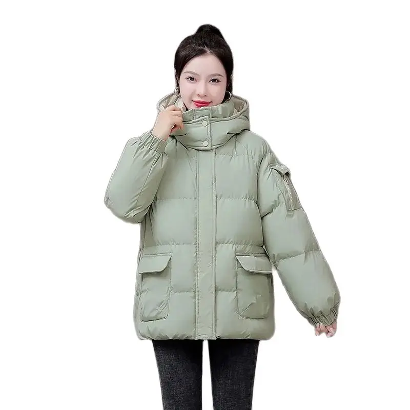 

Autumn Winter Add Thick Keep Warm Parka Female Leisure Solid Color Pocket Loose Hooded Down Cotton Short Outcoat Ladies Jacket