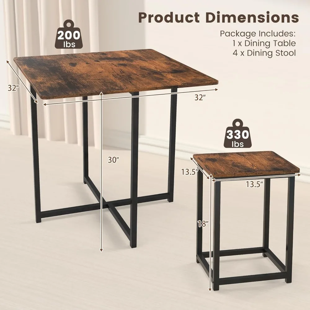 Dining Table Set for 4, Small Kitchen Table Set with Square Stools and Metal Frame, Perfect for Small Spaces, H
