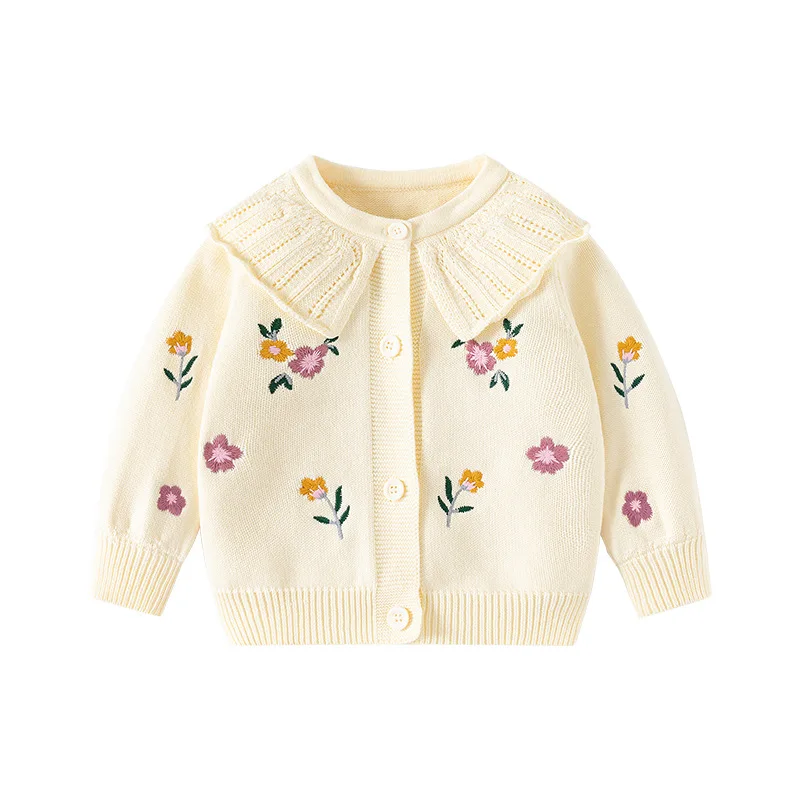 Autumn Winter Toddler Girls Cardigan Cotton Knitted Flower Embroidery Lapel Long Sleeve Baby Girls Sweaters Kids Girls Coat