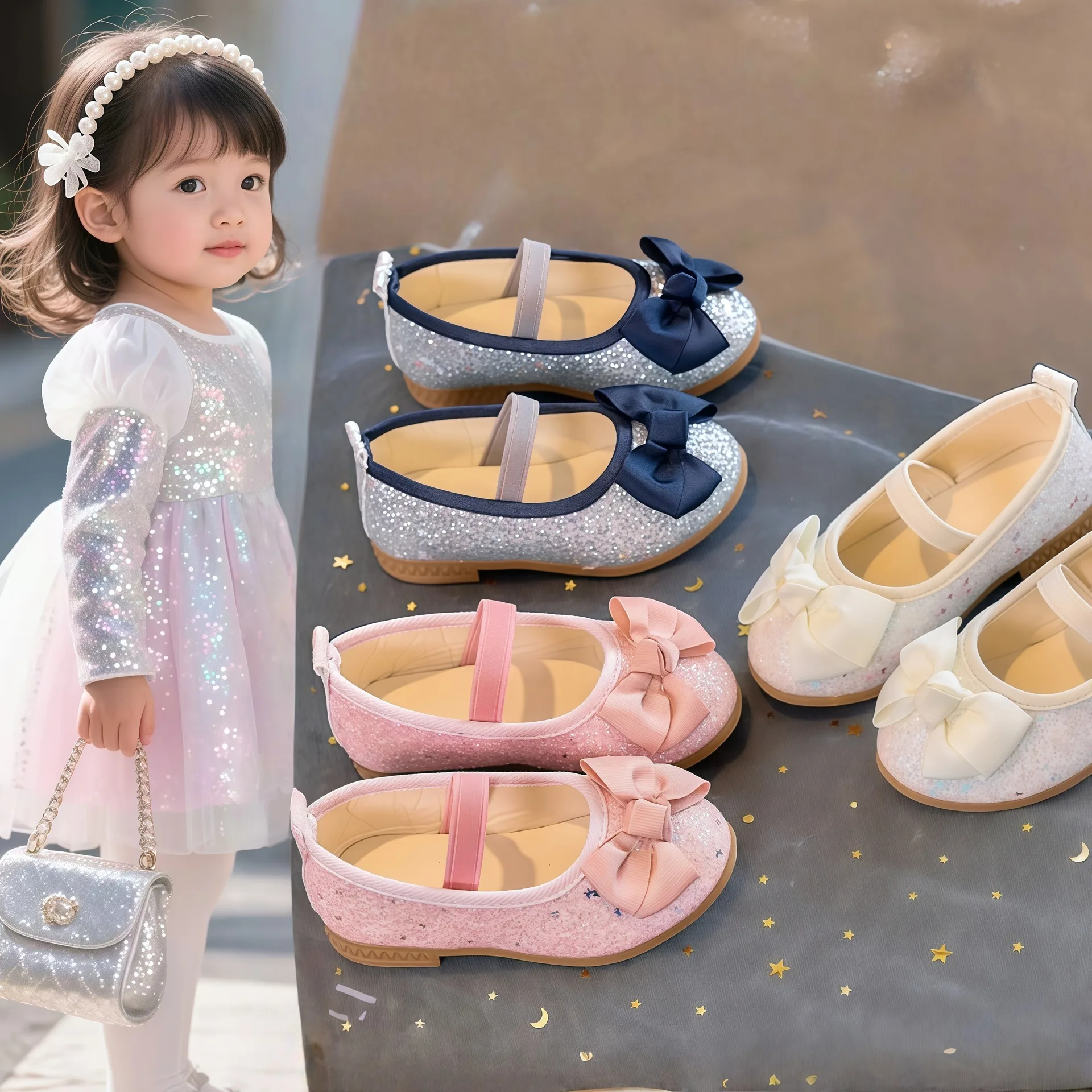 

Simple Girls Sequin Shoes 2025autumn New Style Kids Bow Leather Shoe Versatile Girls' Princess Shoes Anti Slip Child Casual Shoe